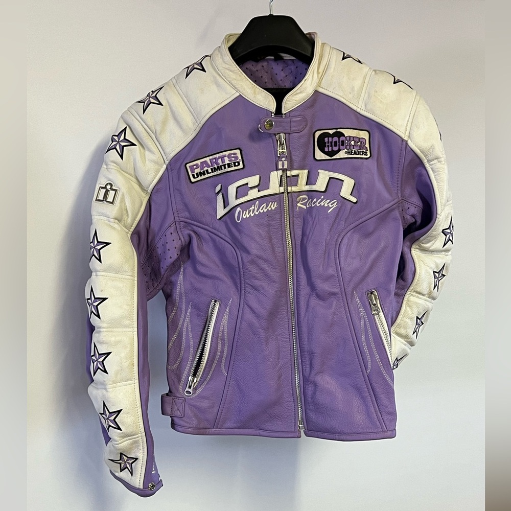 ICON Kitty Purple and White Leather Jacket with liner & safety pads Embroidered